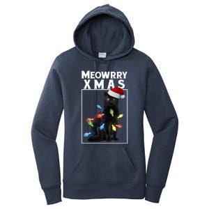 Meowy Christmas Cat With Lights And Santa Hat Women's Pullover Hoodie