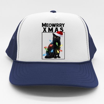 Meowy Christmas Cat With Lights And Santa Hat Trucker Hat