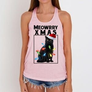 Meowy Christmas Cat With Lights And Santa Hat Women's Knotted Racerback Tank