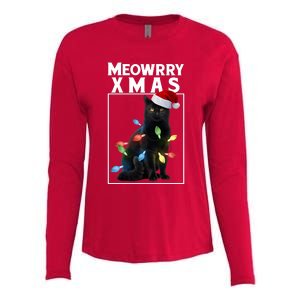 Meowy Christmas Cat With Lights And Santa Hat Womens Cotton Relaxed Long Sleeve T-Shirt