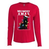 Meowy Christmas Cat With Lights And Santa Hat Womens Cotton Relaxed Long Sleeve T-Shirt