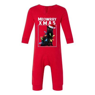 Meowy Christmas Cat With Lights And Santa Hat Infant Fleece One Piece