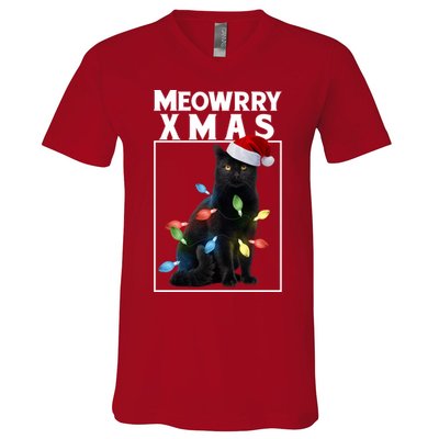 Meowy Christmas Cat With Lights And Santa Hat V-Neck T-Shirt