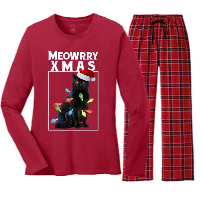 Meowy Christmas Cat With Lights And Santa Hat Women's Long Sleeve Flannel Pajama Set 