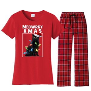 Meowy Christmas Cat With Lights And Santa Hat Women's Flannel Pajama Set