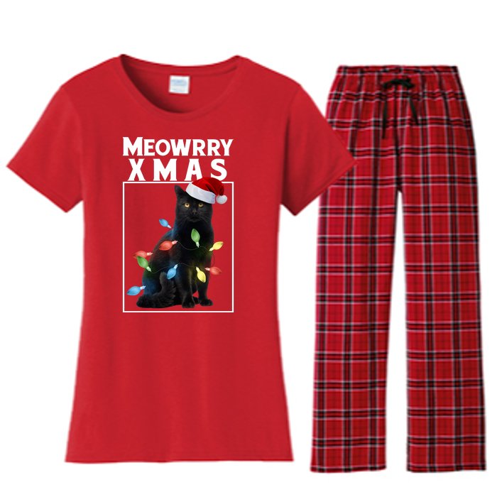 Meowy Christmas Cat With Lights And Santa Hat Women's Flannel Pajama Set