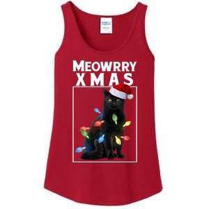 Meowy Christmas Cat With Lights And Santa Hat Ladies Essential Tank