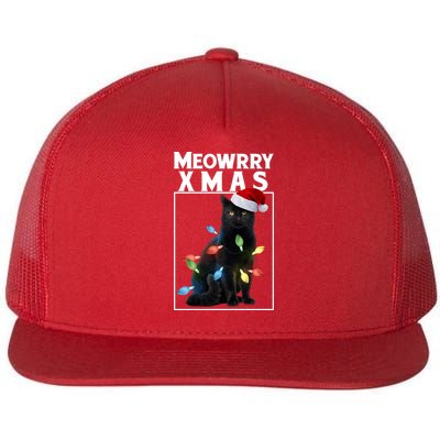 Meowy Christmas Cat With Lights And Santa Hat Flatbill Hat
