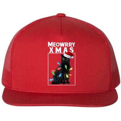 Meowy Christmas Cat With Lights And Santa Hat Flat Bill Trucker Hat