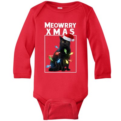 Meowy Christmas Cat With Lights And Santa Hat Baby Long Sleeve Bodysuit