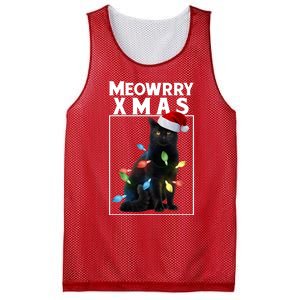 Meowy Christmas Cat With Lights And Santa Hat Mesh Reversible Basketball Jersey Tank