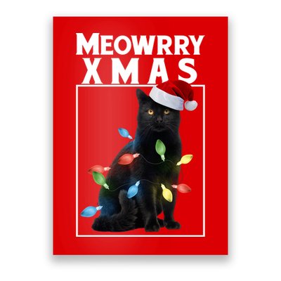 Meowy Christmas Cat With Lights And Santa Hat Poster
