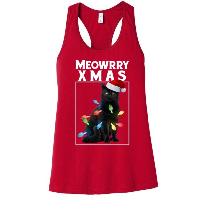 Meowy Christmas Cat With Lights And Santa Hat Women's Racerback Tank