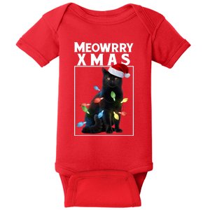 Meowy Christmas Cat With Lights And Santa Hat Baby Bodysuit