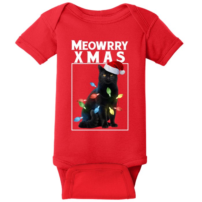 Meowy Christmas Cat With Lights And Santa Hat Baby Bodysuit