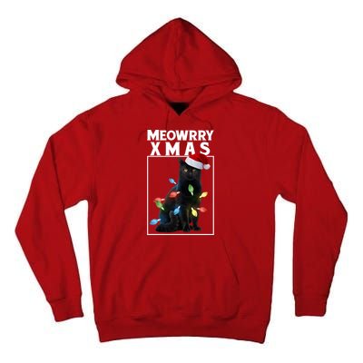 Meowy Christmas Cat With Lights And Santa Hat Tall Hoodie