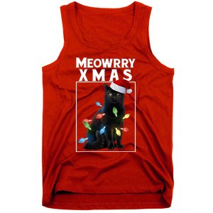 Meowy Christmas Cat With Lights And Santa Hat Tank Top