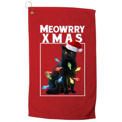 Meowy Christmas Cat With Lights And Santa Hat Golf Towel