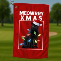 Meowy Christmas Cat With Lights And Santa Hat Golf Towel