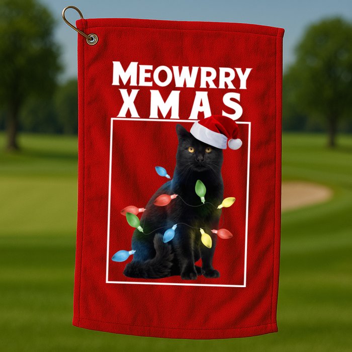Meowy Christmas Cat With Lights And Santa Hat Golf Towel
