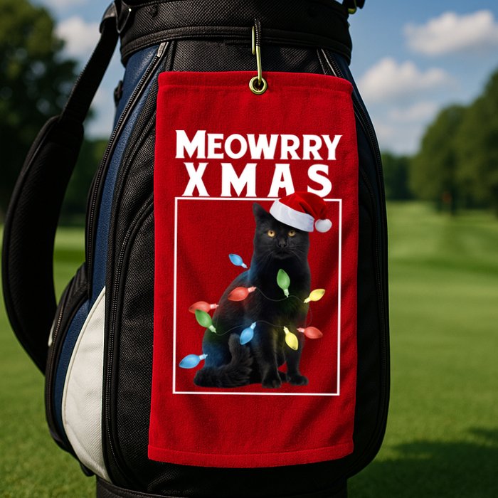 Meowy Christmas Cat With Lights And Santa Hat Golf Towel