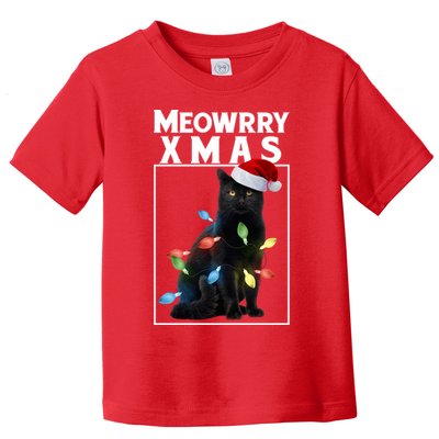 Meowy Christmas Cat With Lights And Santa Hat Toddler T-Shirt