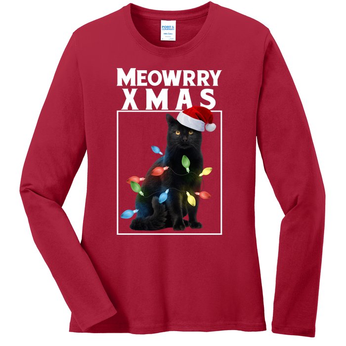 Meowy Christmas Cat With Lights And Santa Hat Ladies Long Sleeve Shirt