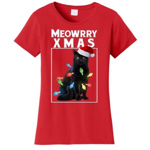 Meowy Christmas Cat With Lights And Santa Hat Women's T-Shirt