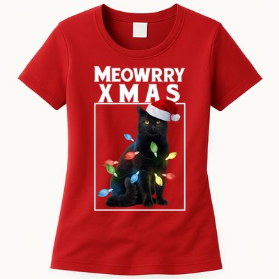 Meowy Christmas Cat With Lights And Santa Hat Womens T-Shirt