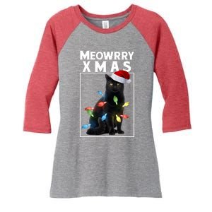 Meowy Christmas Cat With Lights And Santa Hat Women's Tri-Blend 3/4-Sleeve Raglan Shirt