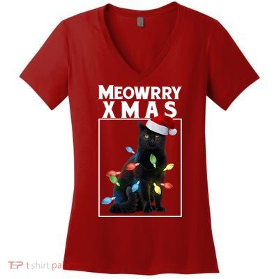 Meowy Christmas Cat With Lights And Santa Hat Women's V-Neck T-Shirt