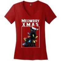 Meowy Christmas Cat With Lights And Santa Hat Women's V-Neck T-Shirt