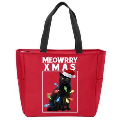 Meowy Christmas Cat With Lights And Santa Hat Zip Tote Bag