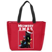 Meowy Christmas Cat With Lights And Santa Hat Zip Tote Bag