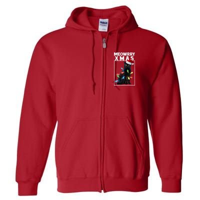 Meowy Christmas Cat With Lights And Santa Hat Full Zip Hoodie
