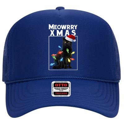 Meowy Christmas Cat With Lights And Santa Hat High Crown Mesh Back Trucker Hat