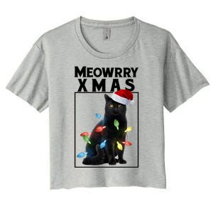 Meowy Christmas Cat With Lights And Santa Hat Women's Crop Top Tee