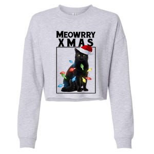 Meowy Christmas Cat With Lights And Santa Hat Cropped Pullover Crew