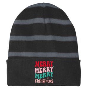 Merry Christmas Cute Holiday Groovy Striped Beanie with Solid Band