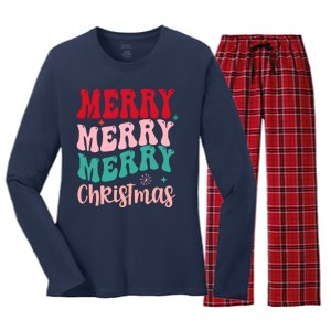 Merry Christmas Cute Holiday Groovy Women's Long Sleeve Flannel Pajama Set 