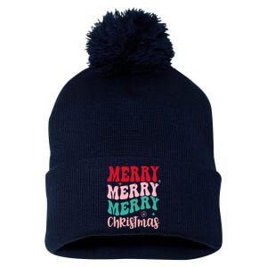 Merry Christmas Cute Holiday Groovy Pom Pom 12in Knit Beanie