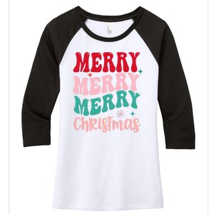 Merry Christmas Cute Holiday Groovy Women's Tri-Blend 3/4-Sleeve Raglan Shirt