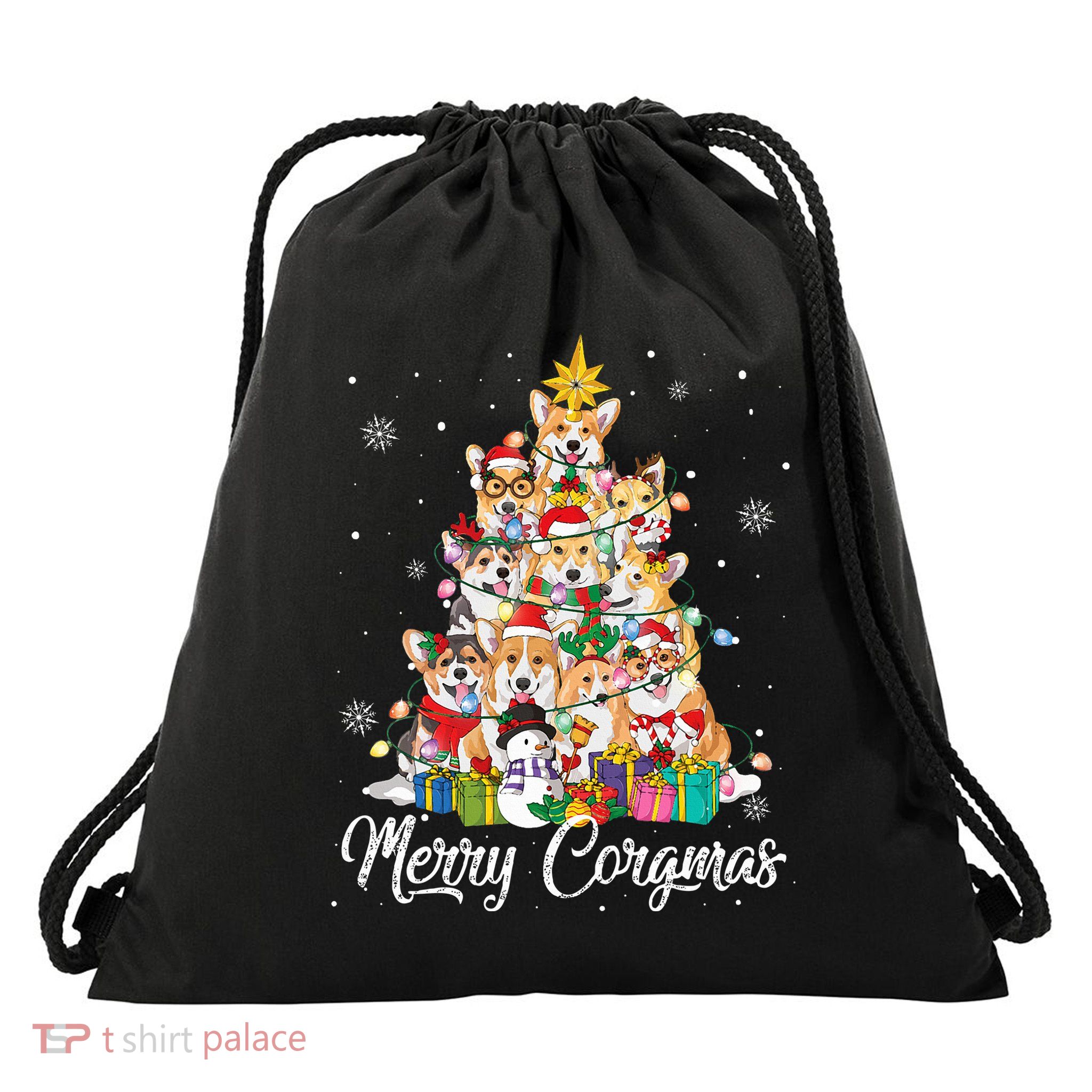 Merry Corgmas Corgi Christmas Tree Lights Santa Dog Lover  Drawstring Bag