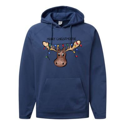 Merry Christmoose Christmas Moose Xmas Lover Holiday Lights Performance Fleece Hoodie