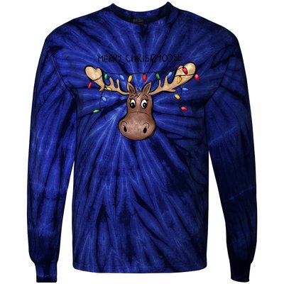 Merry Christmoose Christmas Moose Xmas Lover Holiday Lights Tie-Dye Long Sleeve Shirt