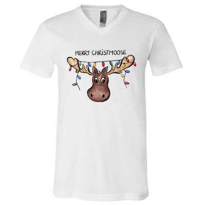 Merry Christmoose Christmas Moose Xmas Lover Holiday Lights V-Neck T-Shirt