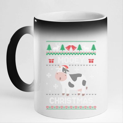 Mooey Christmas Cow Santa Claus Hat Ugly Christmas Sweater Gift 11oz Black Color Changing Mug