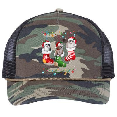 Meowy Christmas Cats In Sock Pajamas For Cat Fanatics Gift Retro Rope Trucker Hat Cap