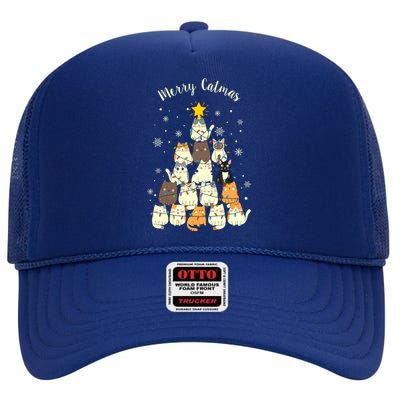 Merry Catmas Cute Cat Lover Christmas High Crown Mesh Back Trucker Hat