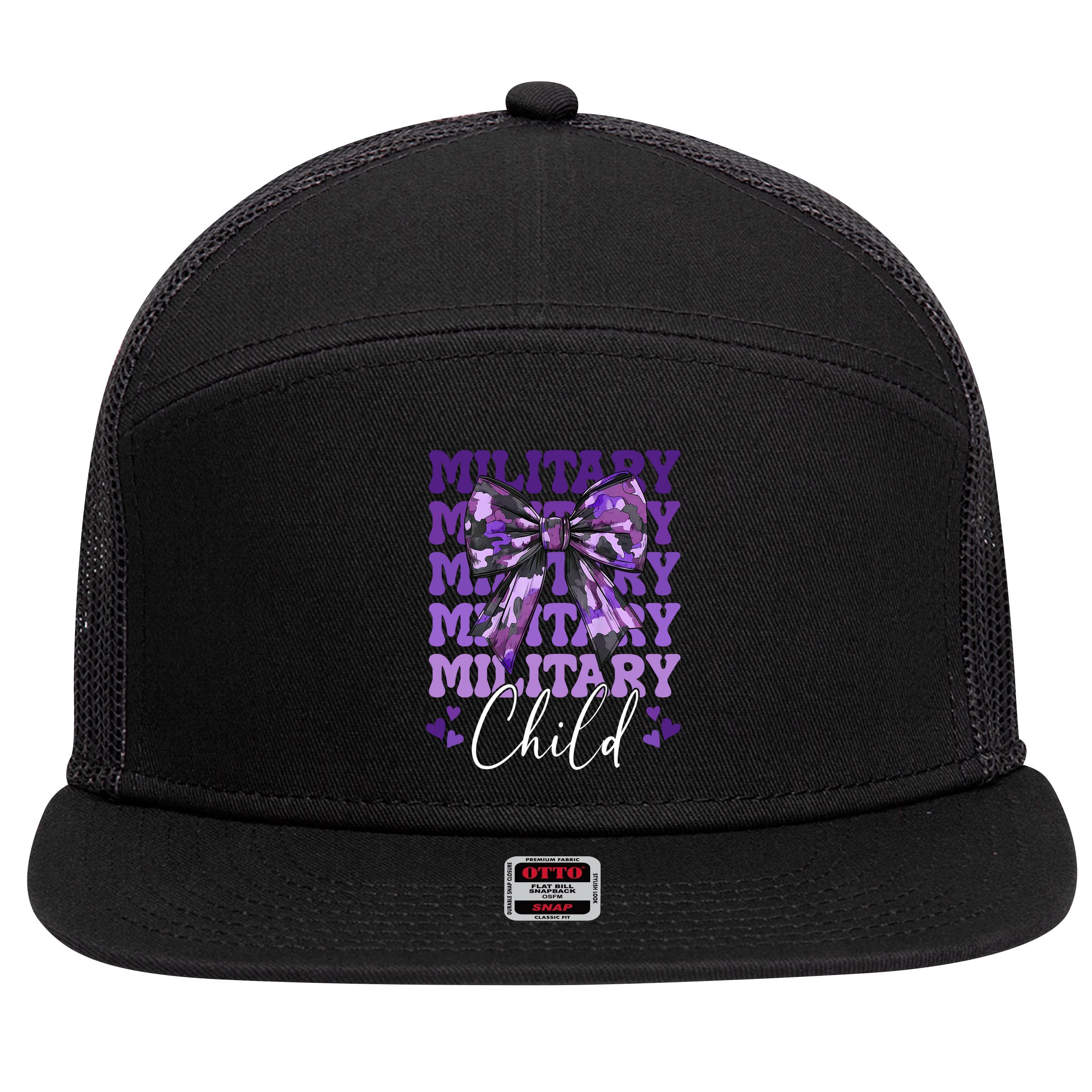 Military Child Coquette Bow Purple Up Camo 7 Panel Mesh Trucker Snapback Hat